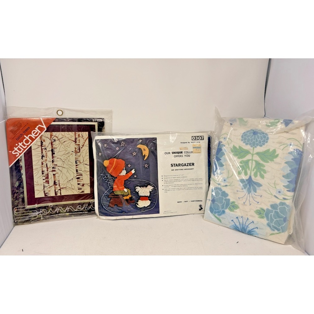 Vintage NOS Needlepoint Kit Lot of 3 Spinnerin Birch Trees Stargazer Floral USA